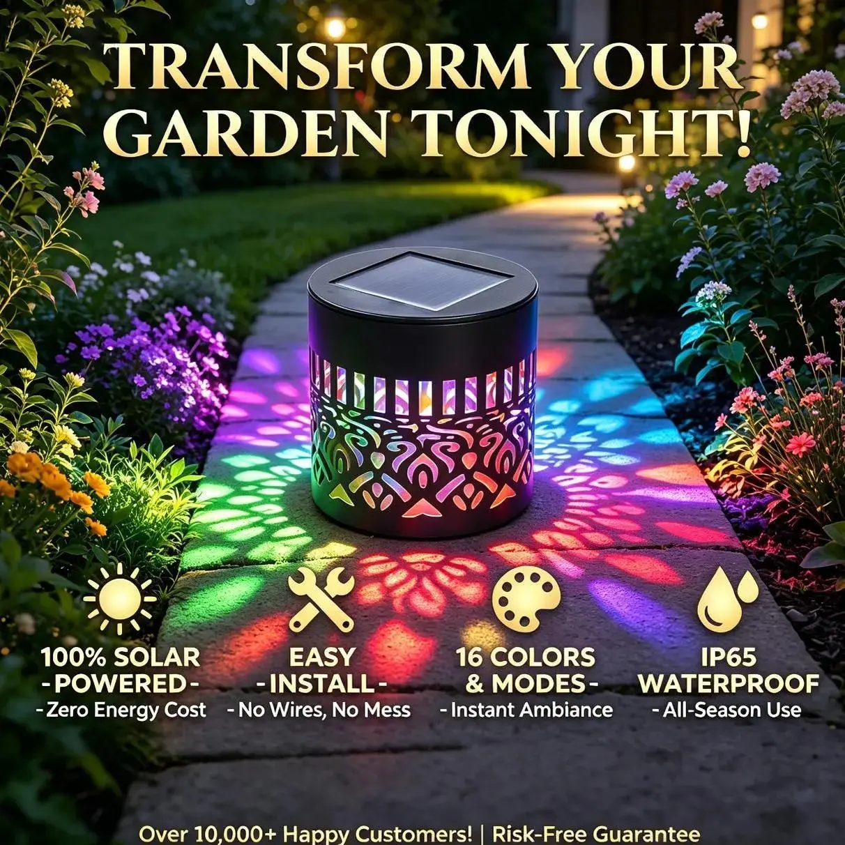 7-Color Changing Solar Mandala Projector Light, Outdoor Waterproof Wall-Fence Light, Solar-Powered Decor for Backyard, Patio, Garden