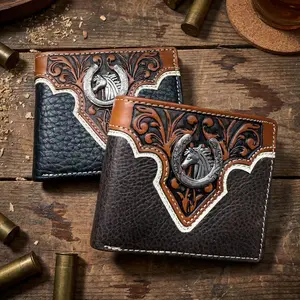 Mens Leather Wallet Horse & Horseshoe Bi Fold with Floral Tooling and Concho for Everyday Use and Special Occasions Exquisite Craftsmanship and Ample Storage