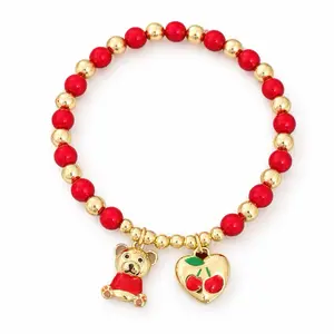Cherry Bear Charm Bracelet Gold Beaded Stretch Bracelet Cute Daily Jewelry Water Resistant with Teddy Bear & Cherry Heart Charms