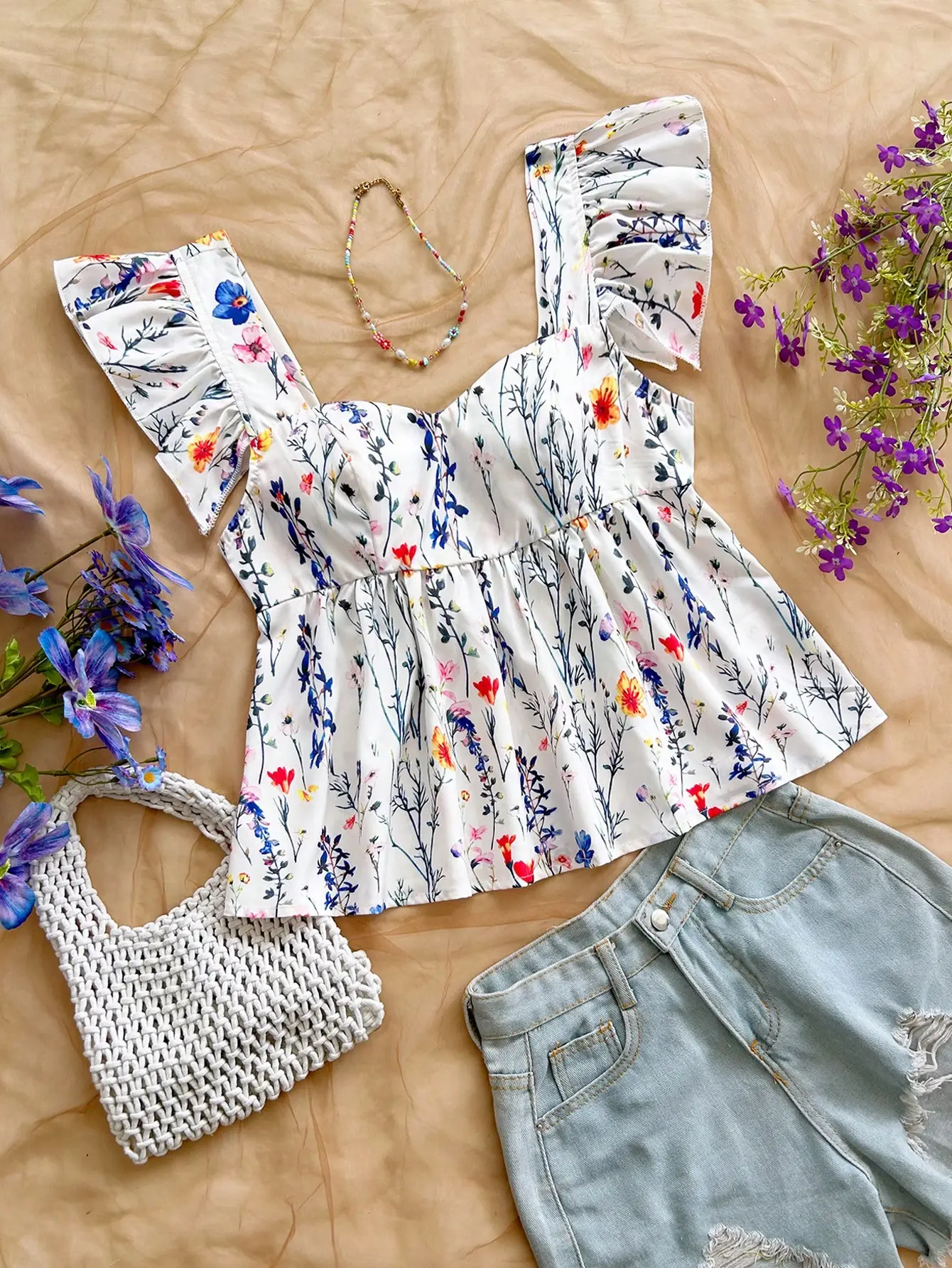 VYNCE Pink Ditsy Floral Smock Collar Cap Sleeve Blouse Top Vacation Ready Summer Essentials Resort Fashion Boho Blouse Lightweight Women's Wear