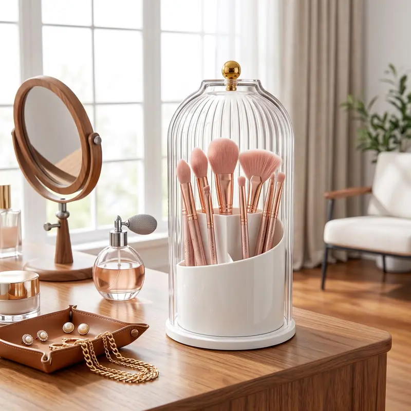 Multi-functional rotating acrylic storage rack with 360-degree swivel transparent dust-proof door, ideal for organizing makeup brushes, lipsticks, toothbrushes, and toothpaste countertop vanity organizer