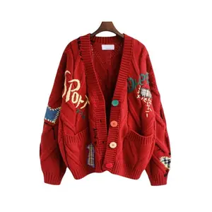 Women’s knitted long-sleeve cardigan/sweater, sheep V-neck button-down embroidered wool blend sweater jacket, women’s embroidered V-neck knitted cardigan sweater, loose cardigan button-down long-sleeve sweater GARMENTARY