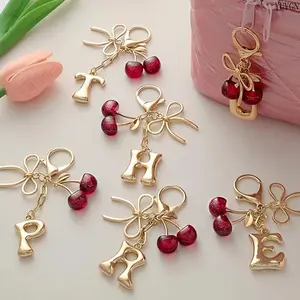 Unisex Gold Plated Cherry Bow Initial Keychain, Glitter Letter Pendant Charm, Bow Knot Bag Accessories, Fashion Casual Key Ring for Wallet Backpack Handbag Car Keys, Personalized Gift for Men Women Students summerwins