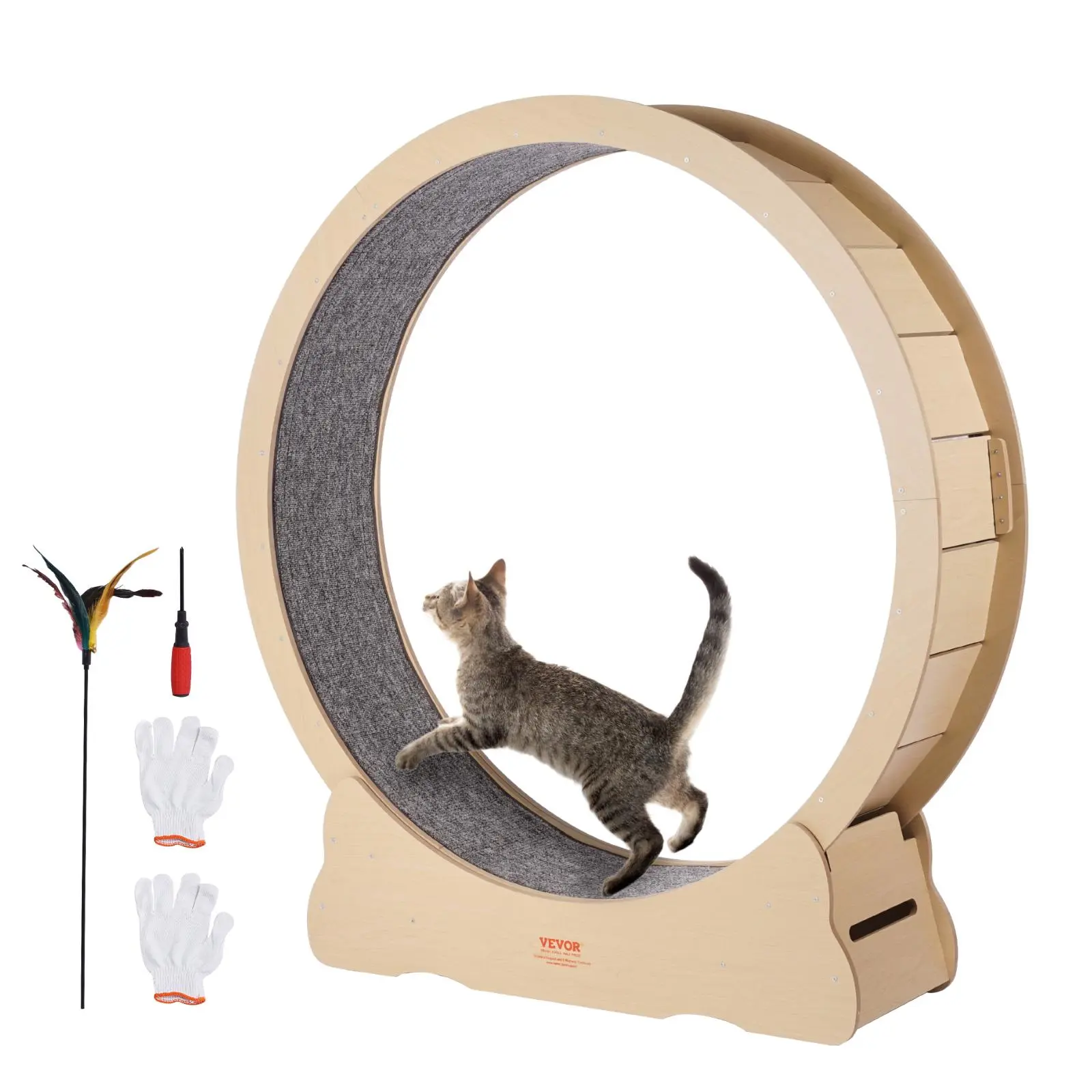 【Summerfinds】VEVOR Wooden Cat Exercise Wheel 52" Large Cat Treadmill Wheel for Indoor CatsCat Running Wheel with Detachable Carpet & Cat Teaser for Running/Walking/TrainingSuitable for Most Cats