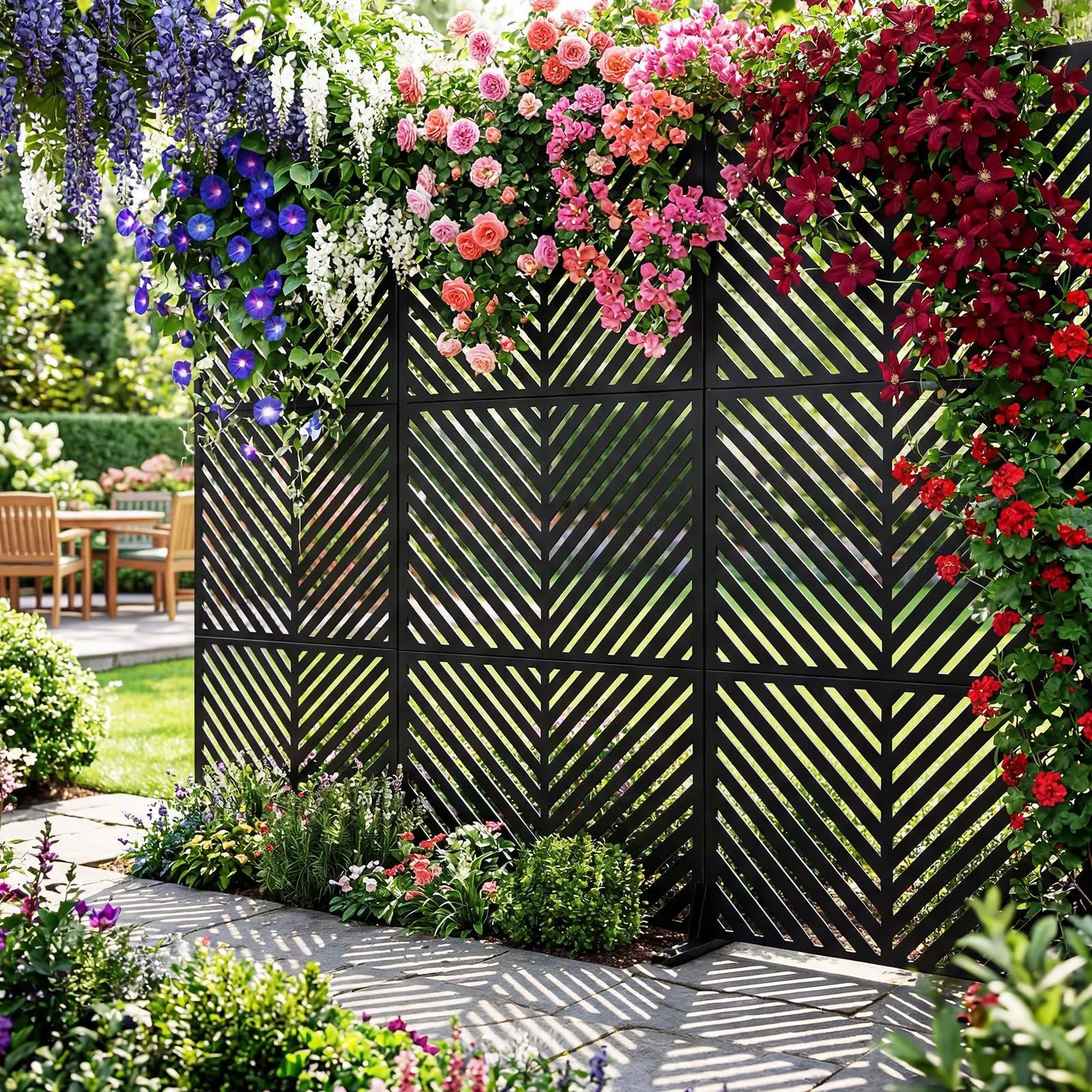 78x48 in Corrosion Resistant Laser Cut Metal Privacy Screen, 3-Panel Steel Frame Freestanding Outdoor Divider for Patio, Decks, Balcony