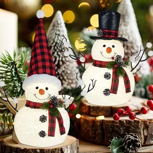 2 Pack 14" Lighted Plush Snowmen Christmas Table Decorations with Pine Cone Twigs Battery Operated Light Up Xmas Tabletop Ornaments (Black and Red)