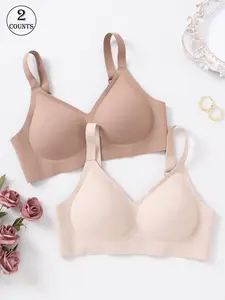 2-pack seamless women's Wireless Bra with adjustable shoulder straps, jelly process, no underwire support for gathering, back, breathable, suitable for daily casual commuting, with hook-and-eye closure, Breathable Seamless Bras