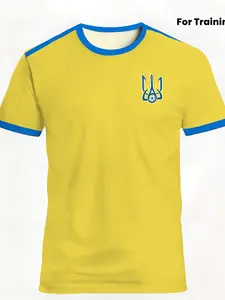 Ukraine National Team Training Football Jersey, Blue Colorblock Breathable Quick-Dry Fan Version, Sporty Slim-Fitting T-Shirt