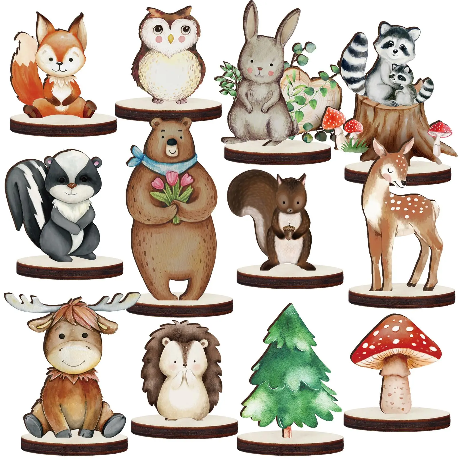 12PCS Woodland Animals Wooden Animal Cutout Shapes Forest Painted Woodland Decorations Wild Creatures Wood Table Centerpieces for Forest Camp Party Supplies