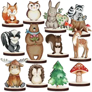 12PCS Woodland Animals Wooden Animal Cutout Shapes Forest Painted Woodland Decorations Wild Creatures Wood Table Centerpieces for Forest Camp Party Supplies