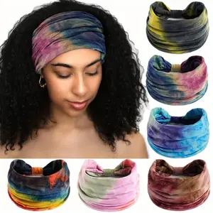 6PCS Boho Wide Headbands Knotted Non Slip Elastic Turban Tie Dye Workout Head Wrap Yoga Sports Sweatbands Fashion Accessories