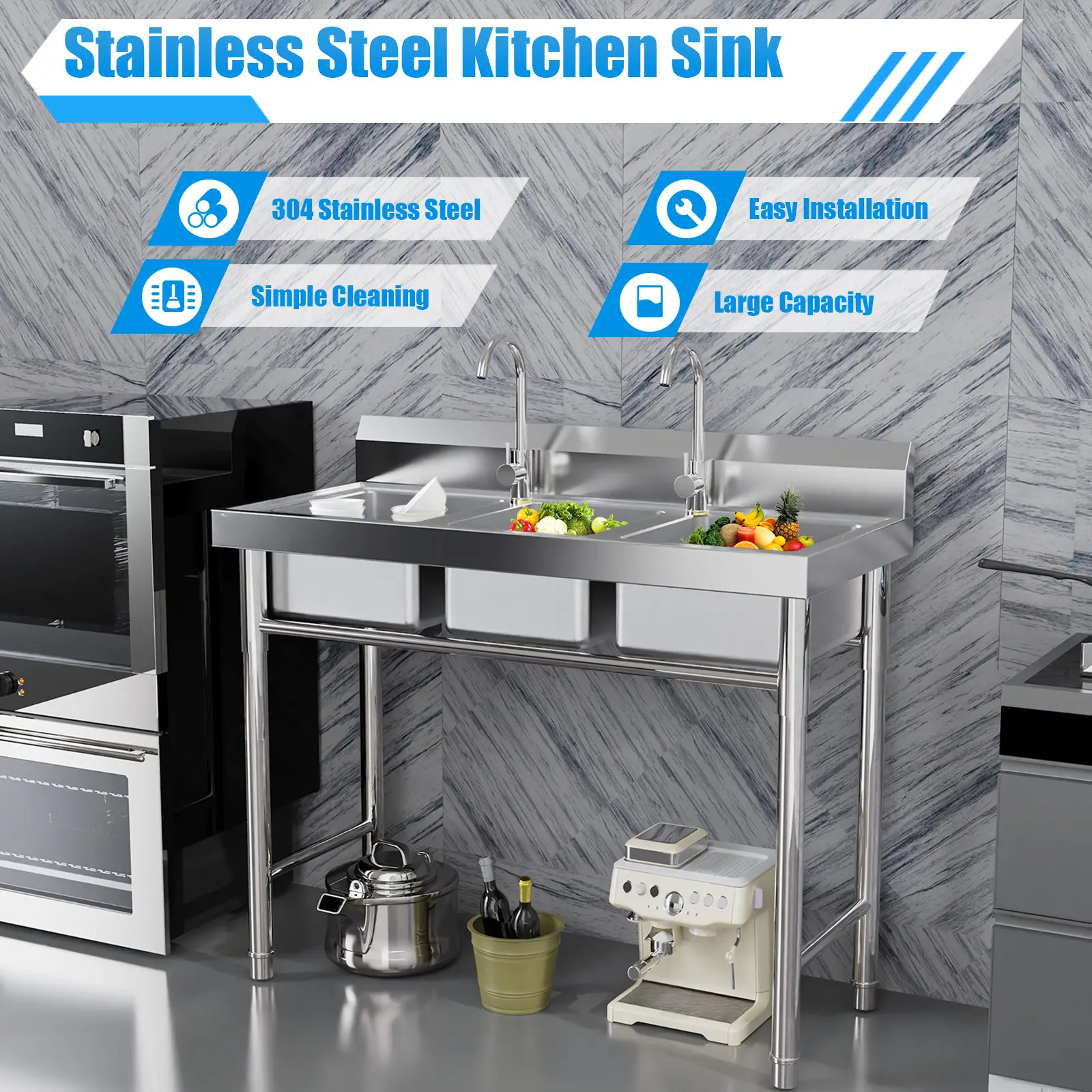 CNCEST Heavy Duty Modern Rectangle 3-Compartment 304 Stainless Steel Commercial Utility Sink, Freestanding 440lb Capacity Model, 35.8" Height for Restaurants, Kitchens, Welding
