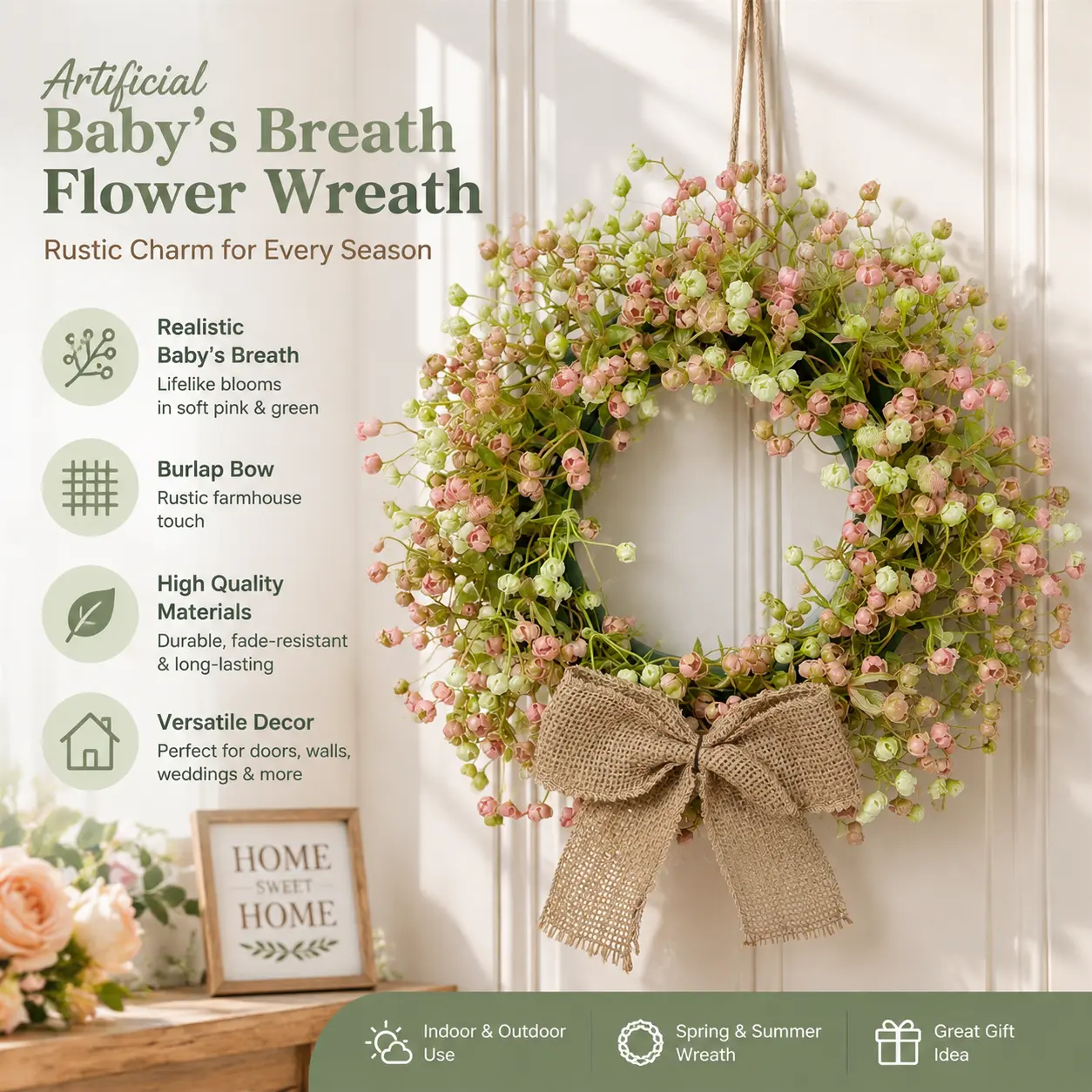 Artificial Baby's Breath Flower Wreath with Burlap Bow, Spring Fake Gypsophila Front Door Wreath, Rustic Hanging Floral Wreath for Home Wall Wedding Farmhouse Porch Decor