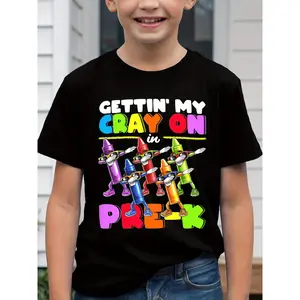 Cray On In PreK Dabbing Crayon Graphic T-Shirt - Colorful Cartoon Crayon Design with Playful Text, Black Crew Neck Short Sleeve Tee for Boys & Girls, Back to School Gift, Machine Washable Kids Clothing, Crayons for School, Casual Kids Wear, Vibran(3Y-13Y)