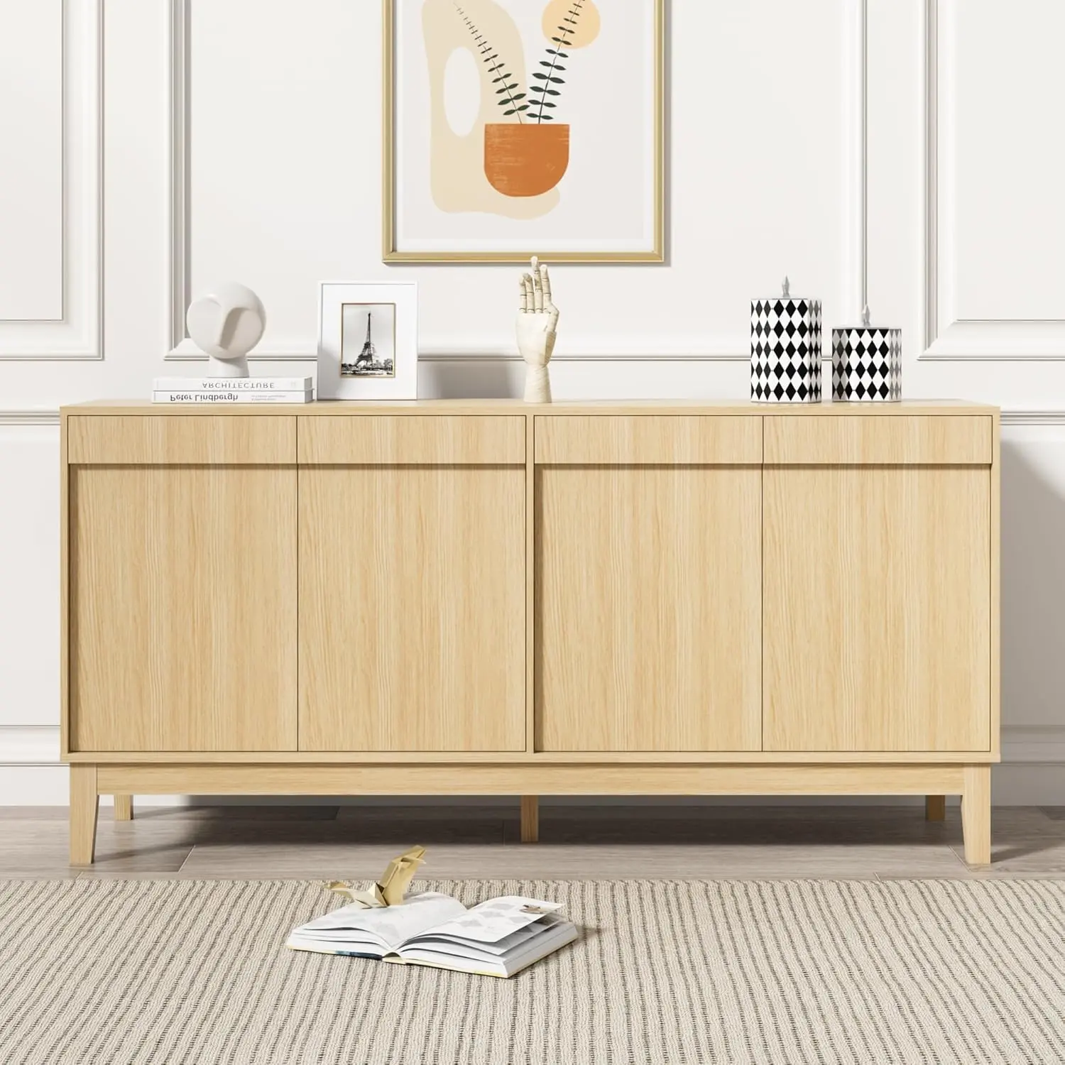 【Summervibes】Scurrty Modern Buffet Cabinet with Storage Wood Color Adjustable Shelves Doors Natural Wood Grain for Living Room Kitchen Sideboard Furniture For Kitchen Interior Storage Furniture