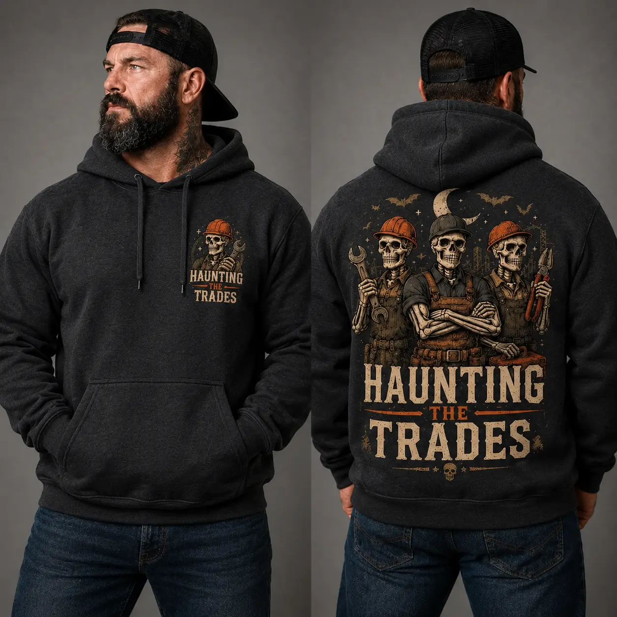 Haunting the Trades Hoodie, Skeleton Worker Hoodie, Construction Workwear Sweatshirt, Funny Carpenter Electrician Mechanic Gift, Men’s Graphic Hoodie