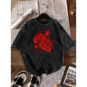 Stylish Oversized Washed Cotton T-Shirt for Women Featuring Red Rose Print and Vintage Distressed Retro Appearance