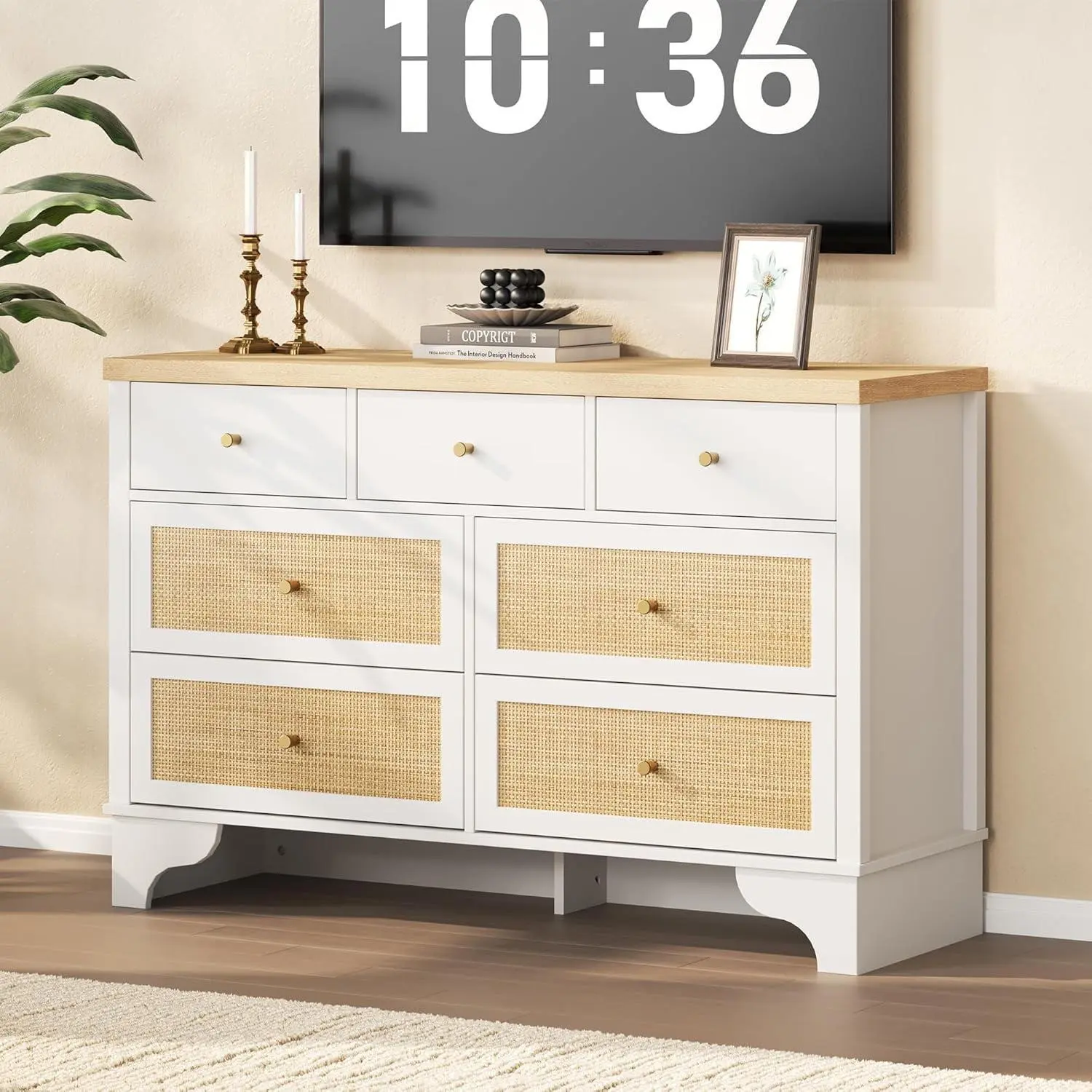 Chest of Drawers  Woven Grass + MDF  7-Drawer Horizontal Storage Cabinet  Modern Bedroom Organizer  Spacious and Durable
