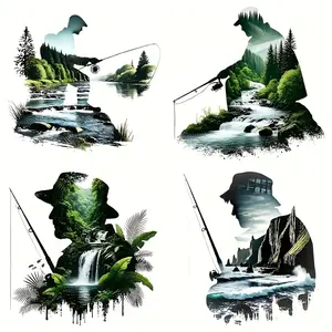 4-Piece Fishing Enthusiast Iron-On Patches, DIY Decorative Appliques for T-Shirts, Canvas Bags & Pillows, Durable Fabric Design, Unique Themes