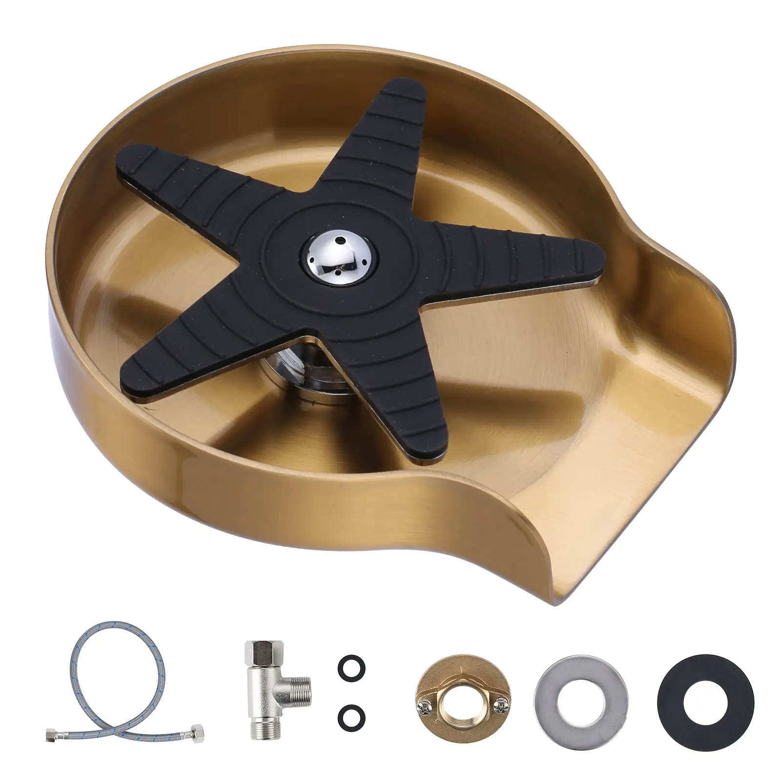 WOWOW High-Quality Stainless Steel Kitchen Sink Glass Rinser - 360° Rotating Spout, Auto Spray, Propeller-Shape Silicone Blade, Efficient Cup Washing, for Cups Less Than 3.54 in., Included Supply Lines, Easy Installation Gold Fixture Accessory