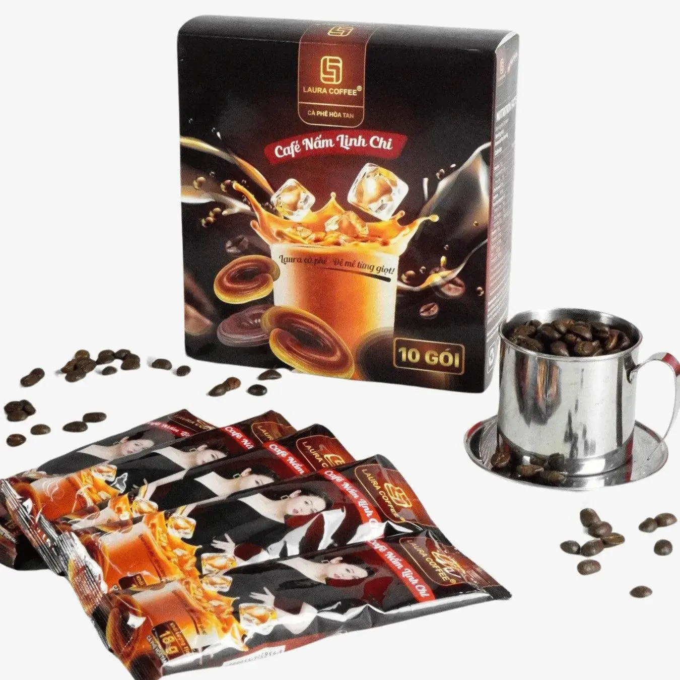 [Nhat Kim Anh] Laura Instant Mushroom Coffee Blend, Rich & Light, Non-Dairy Creamer, Ganoderma Mushroom Coffee (1 Box), Ganoderma Mushroom Coffe Laura Coffee Nhat Kim Anh