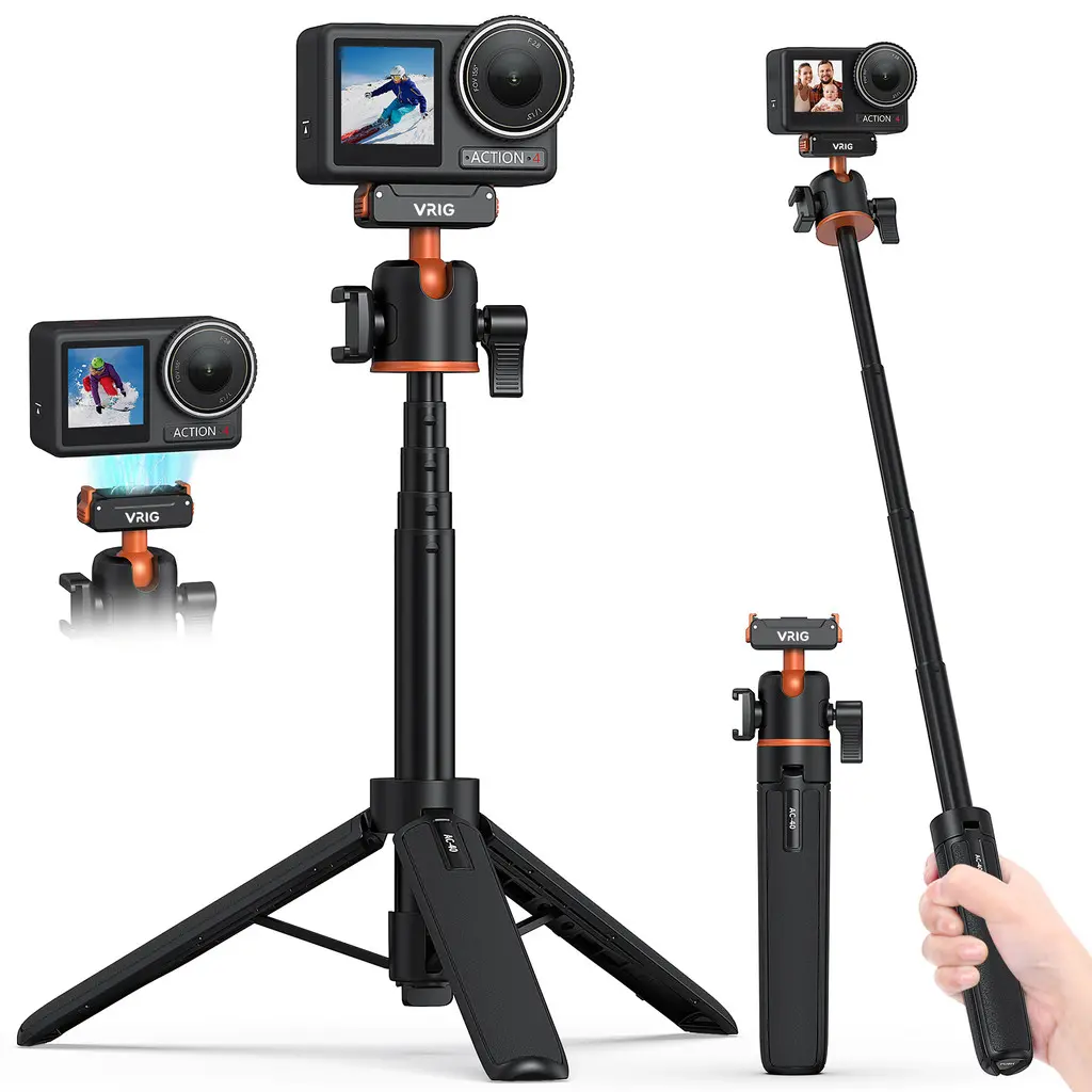 VRIG 21" AC-40 Magnetic Quick Release Tripod for DJI Osmo Action 3/4/5 Pro Extendable Camera Tripod with 360° Ball Head & Cold Shoe 2-in-1 Selfie Stick + Tripod