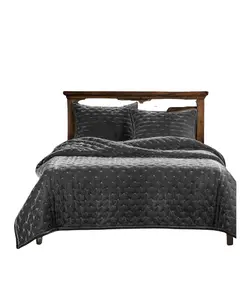 Hiend Accents Unisex Slate Stella Faux Silk Velvet 3-Piece Queen Quilt Set - Pk6700-Qn-Sl