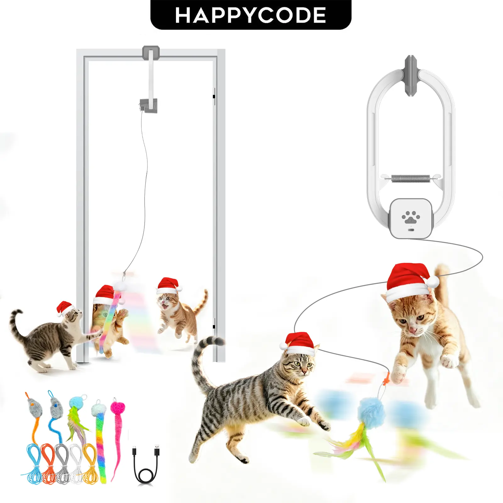 HAPPYCODE Electric Cat Teaser Toy, Rechargeable Door-Mounted Interactive Cat Toy for Indoor Cats, 2 Play Modes, Adjustable String, Multiple Attachments, Cat Enrichment Toy to Keep Cats Active,International Cat Day