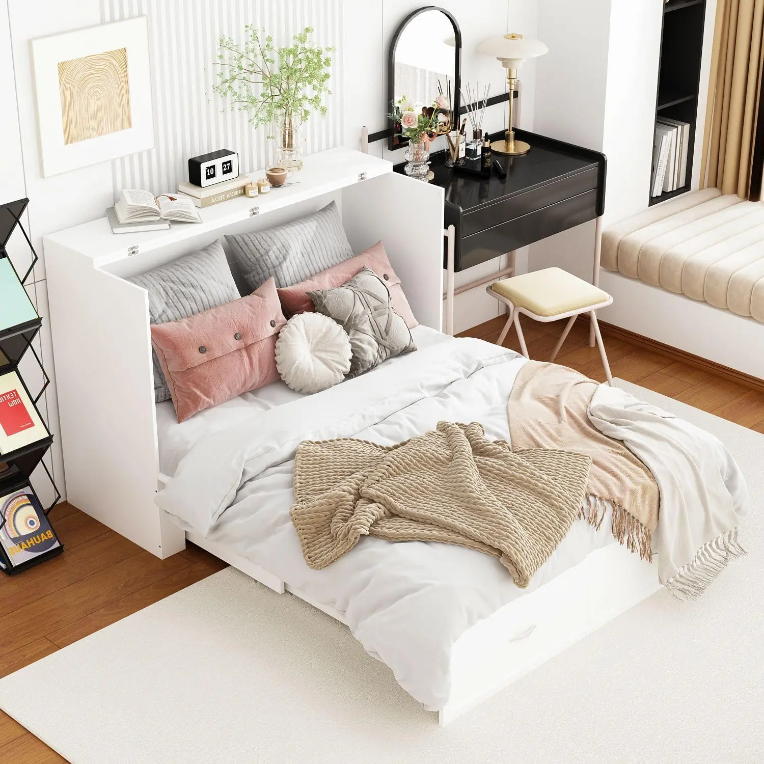 FUFU&GAGA Full Size Murphy Bed with Charging Station & Drawer, Mobile Cabinet Bed Murphy Chest Bed, Space-Saving Folding Murphy for Bedroom