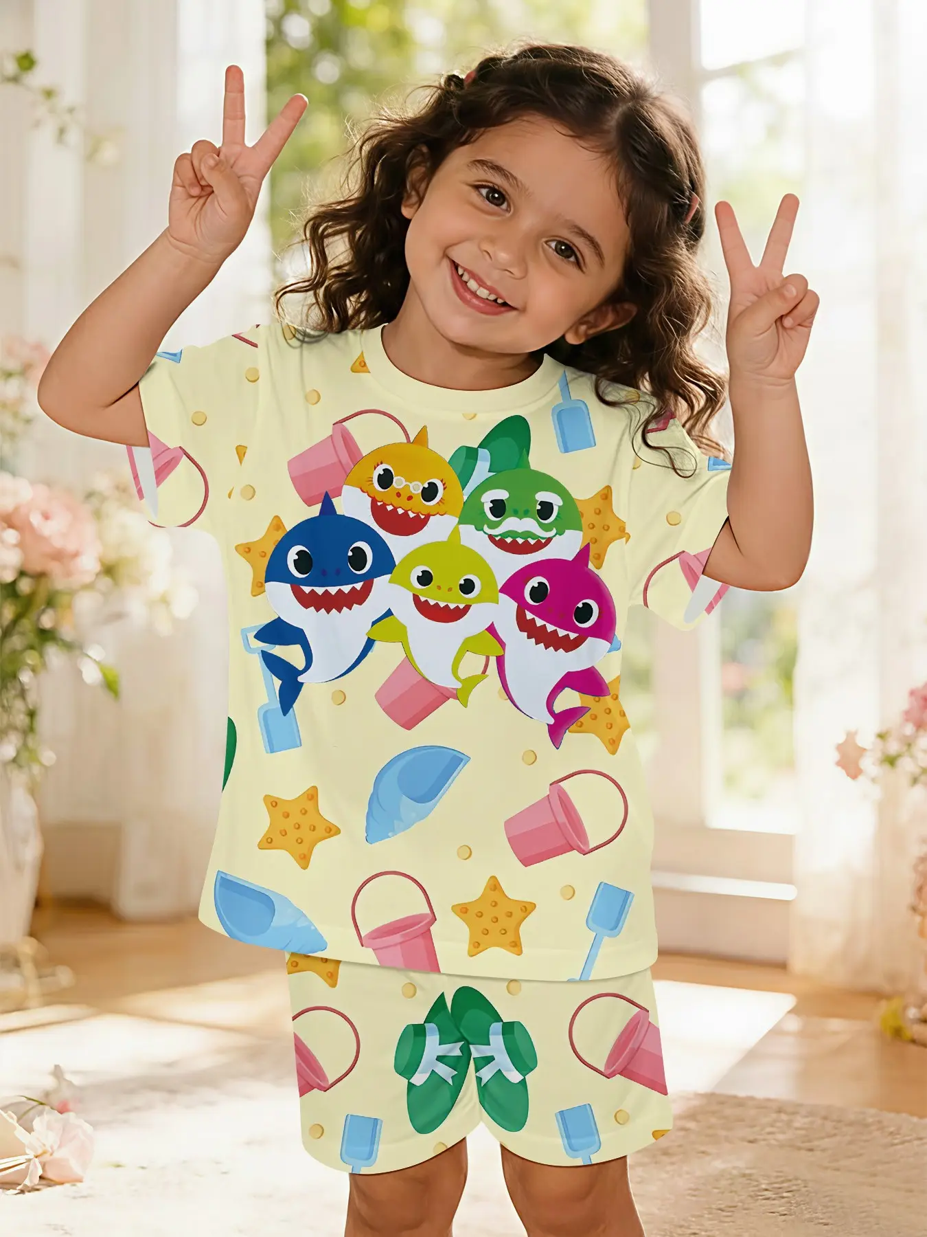 Beach Sharks Team Baby Girl's Digital Print Playful Designs 100% Polyester Short-sleeve Outfit, cute casual for baby girls, suitable for daily wear and outdoor sports, Toddler Summer Outfits, Toddler Graphic Tees, gift for toddlers, Toddler Clothes
