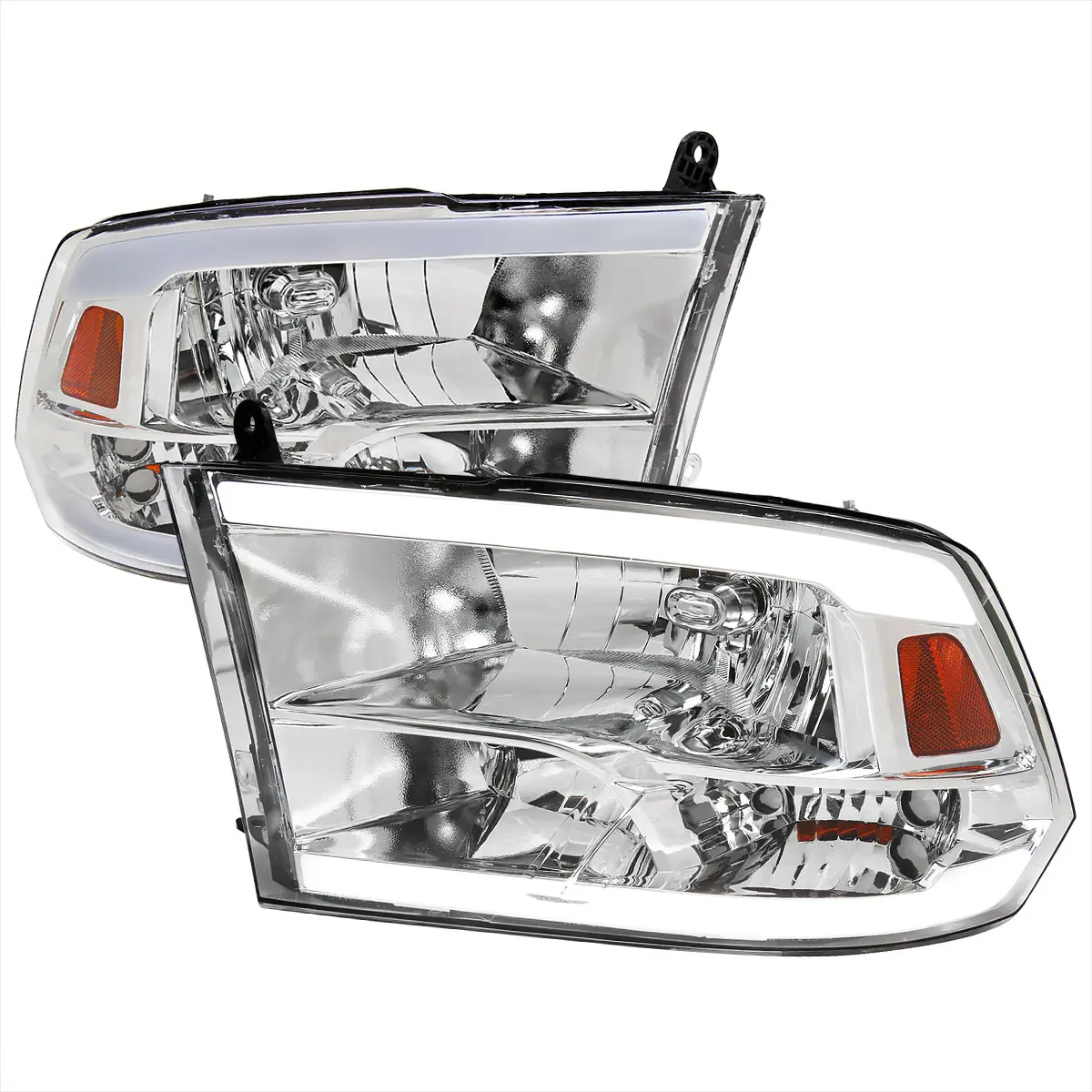 2009-2019 Ram 1500 2500 3500 Quad Style Headlights with LED Tube (Chrome Housing/Clear Lens)