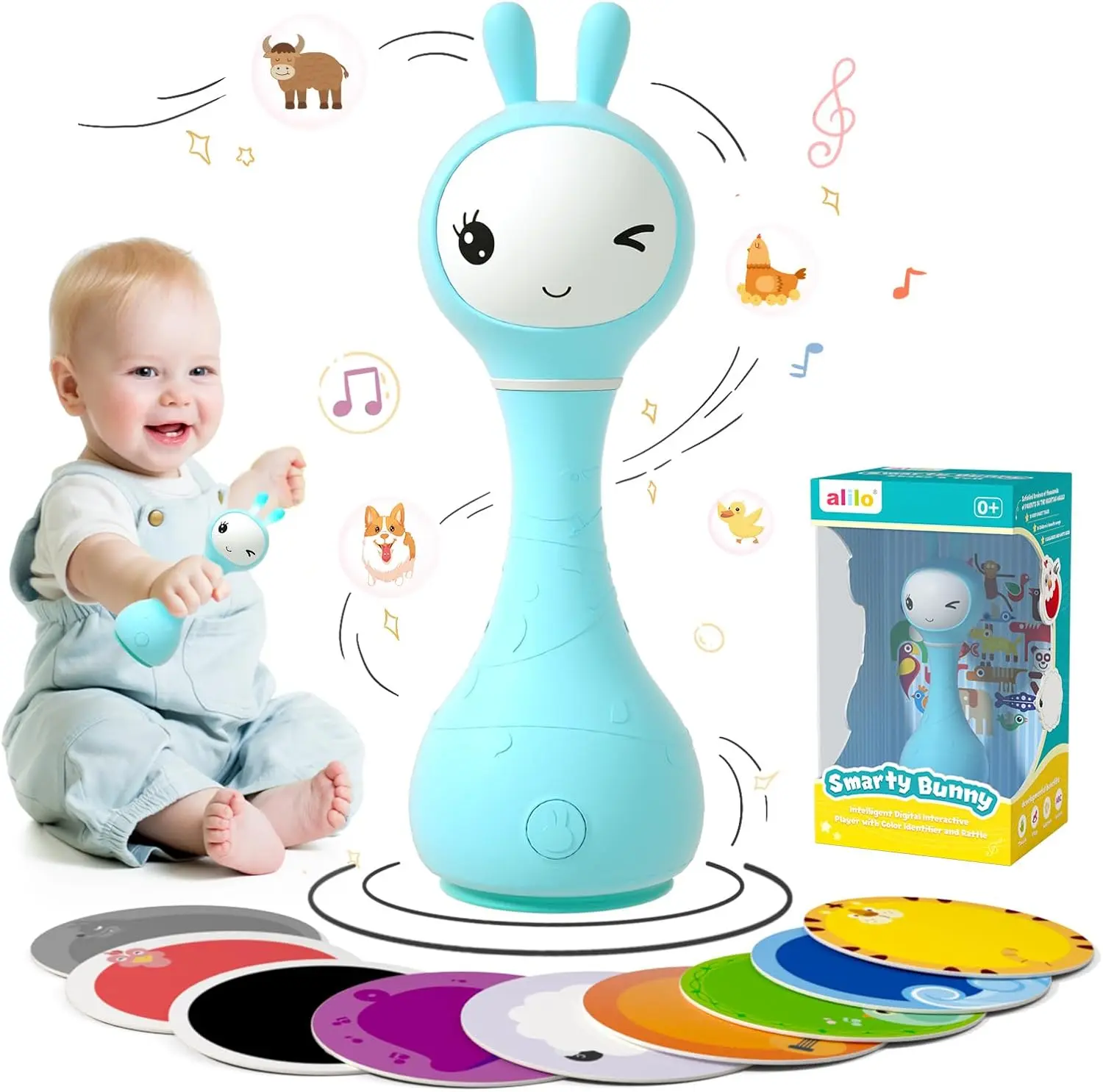 Alilo Smarty Bunny Soft Silicone Baby Rattle - Musical Light-Up Educational Language Toy for 0-3 Years, 5 Music Modes, Color Recognition, USB Charging, Cognitive Play, Safe Infant Gift, Sensory Kit Language Toys