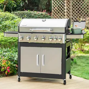 Phivilla Captiva Designs 6-Burner Propane Gas BBQ Grill with Side Burner & Porcelain-Enameled Cast Iron Grate for Outdoor Kitchen Food Stainless Steel