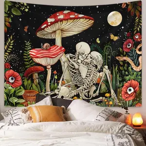 1-Piece Fantasy Mushroom & Bone Printed Flower Plant Aesthetic Tapestry, Home Decor Pendant, Artwork Print Tapestries for Home Supplies