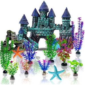 13 Pieces Aquarium Decorations Kit, Fish Tank Decorations Set Small Resin Castle and Rockery Betta Fish Cave Hideout Coral Artificial Plastic Plants Ornament Accessories