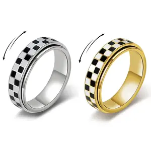 Rotatable Checkered Black and White Titanium Steel Spinner Ring, Fashion Creative Checkerboard Stainless Steel Ring, Unisex Fidget Stress Relief Toy