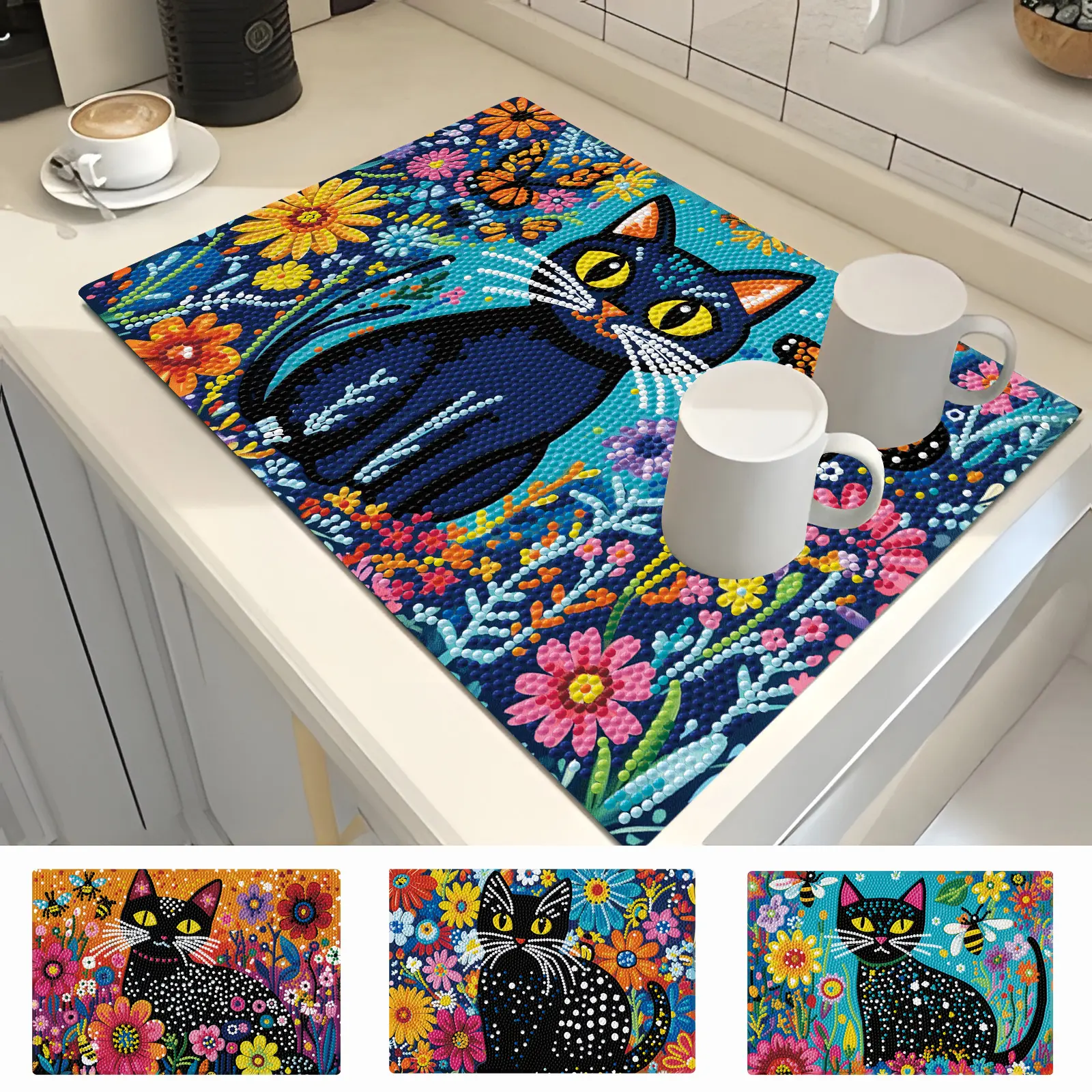 4pcs 5D Shiny DIY Crafts Black Cat Diamond Art Placemats - All Occasions DIY Craft Kit, Heat Resistant Dining Table Decor, Safe for Hot Dishes Coaster, Gift & Craft Combo for Creative Enthusiasts, Thoughtful Gift