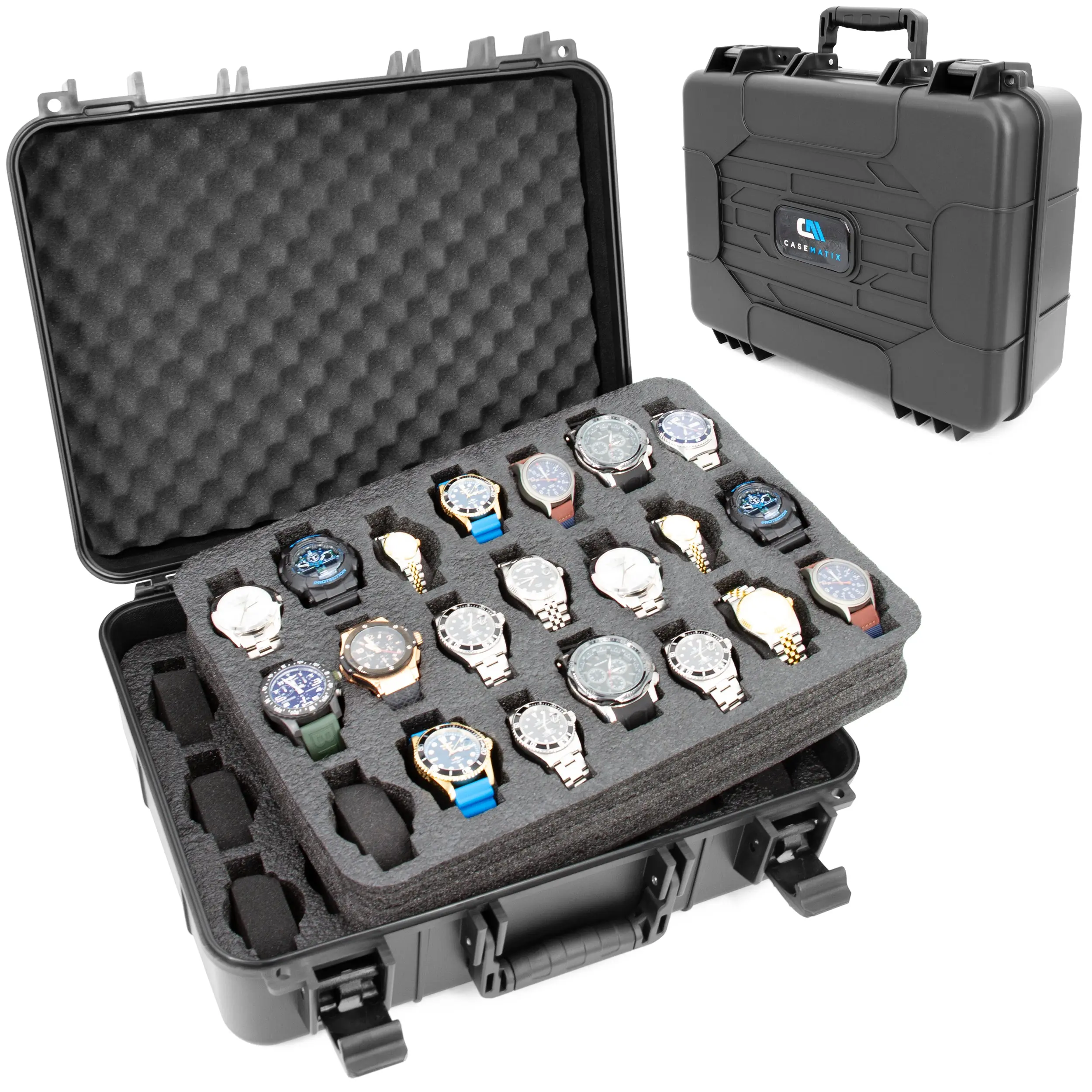 CASEMATIX Impact-Resistant Travel Watch Case with 42 Slots & Custom Foam Interior Fits 24mm to 56mm Faces - Durable Plastic & Shock-Absorbing Foam for Safe Storage