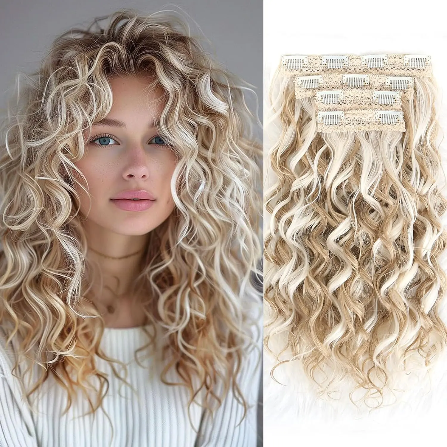 Women's Soft Wavy Curly Clip-in Hair Extensions, 16-inch 4-Piece Synthetic Set with Invisible Lace Weft, Adds Volume for All Hair Types, Fiber Synthetic Curls, Graduation, Extensions Hair