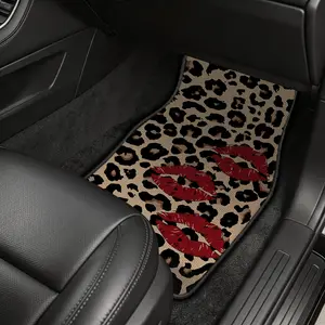 Leopard Print with Red Lips Car Floor Mats, 4-Piece Universal Set for Cars, Trucks & SUVs, Non-Slip Base, Durable Stain-Resistant Fabric, Bold Animal Print Design, Daily Use Auto Interior Accessories for Men and Women