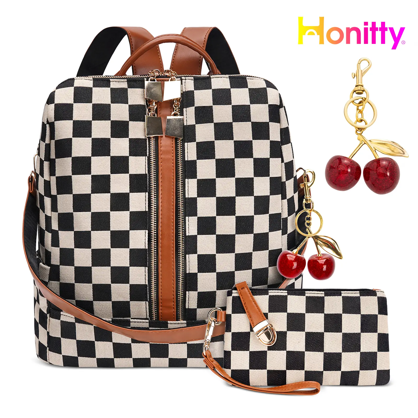 HONITTY 2-Piece Retro Chic Checker Print Backpack Set - Cherry Keychain Included, Large Capacity Travel Bag with Wristlet, School Essentials for 2026, Aesthetic Backpack for College, Travel Gear for Students, Backpacks For School