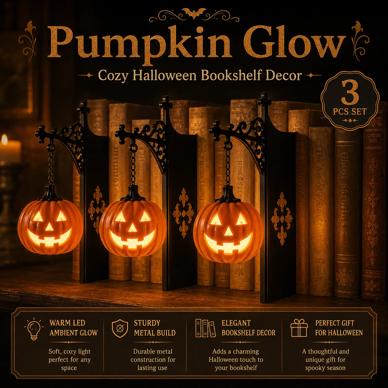 3-Pack Pumpkin Library Lantern-Decorative Bookshelf Lighting, Miniature Hanging Shelf Lamp, Warm LED Nightlight, Reading Nook Literary Decor,Halloween decorations