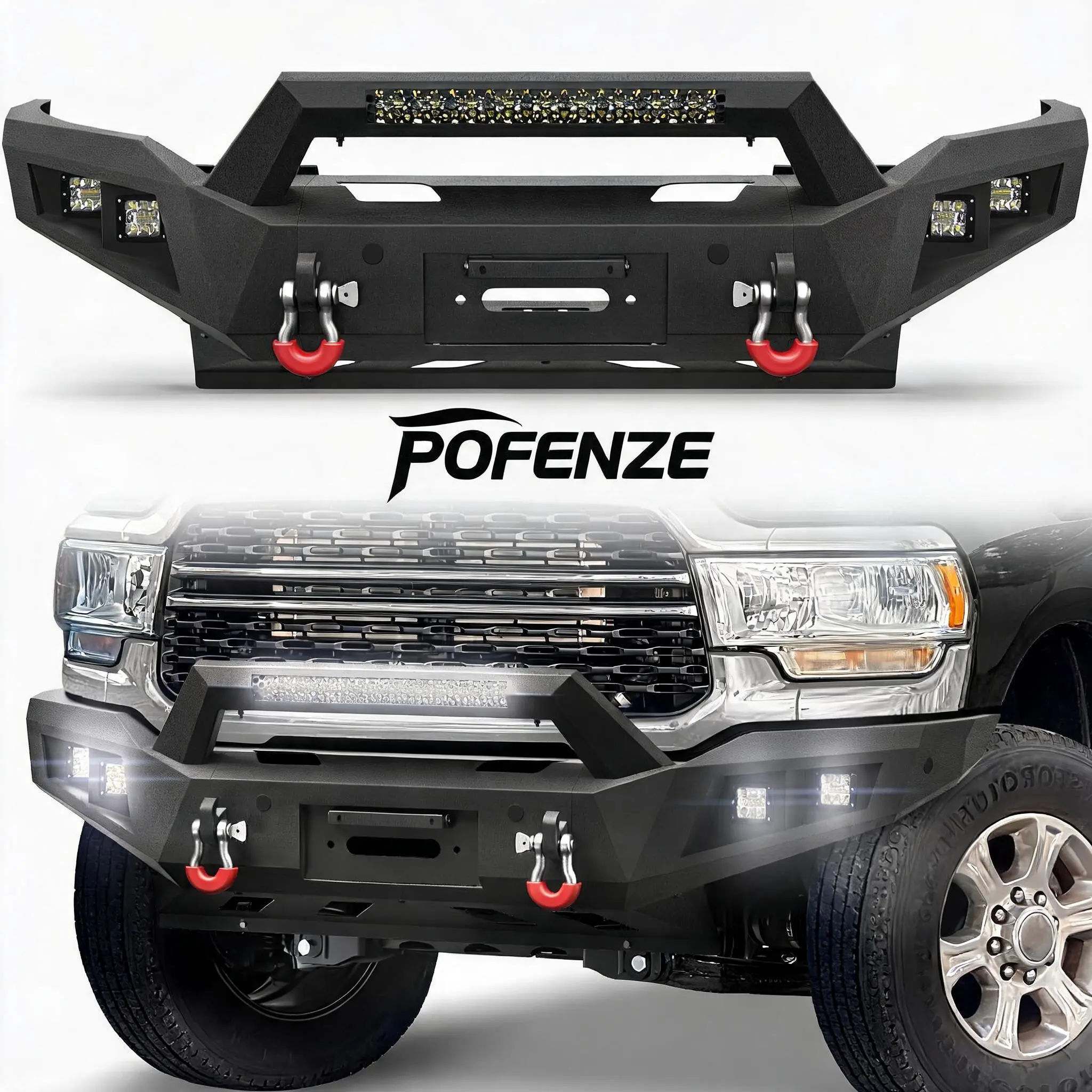 POFENZE-NADIA Series Full Width Front Steel Bumper for 2019-2025 Ram 2500/3500 Pickup, Includes Winch Plate, LED Lights, D-rings, License Plate Bracket, Ram Pickup