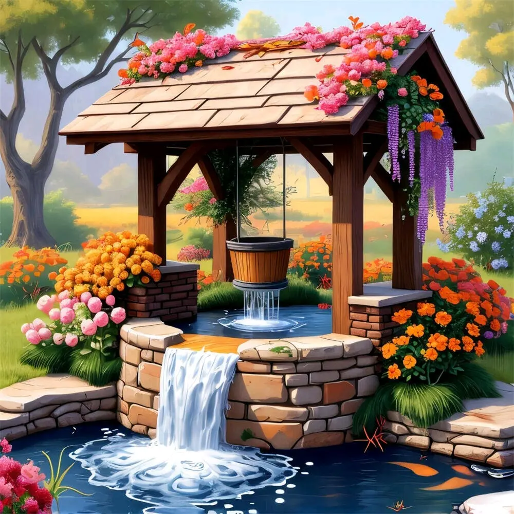 Garden wishing well with waterfall wall art .Multiple sizes available including square and round diamonds. This 5D DIY diamond painting set diamond art embroidery kit handmade furniture decor holiday birthday art personalized gift DIY Kits