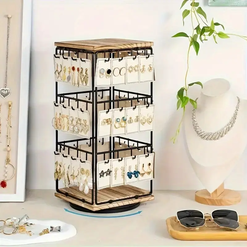 360 degree rotatable jewelry storage rack with 48 hooks, earring and earring display rack, necklace and bracelet display rack, hair accessory pagoda, desktop jewelry ring storage rack, bead storage rack