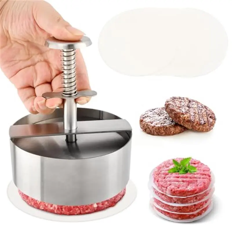 4.5" Burger Maker Press with 50 Patty Papers, 304 Stainless Steel Adjustable Non-Stick Hamburger Patty Maker, for Kitchen BBQ & Sandwich, Beef, Vegetables, Meat, Party Grill, Easy Release