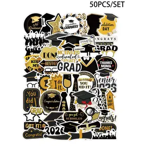 50pcs/set 2026 Graduate Stickers, Black & Gold Graduation Cap Diploma Stickers, Foil Decorative Gift Set, Suitable For 2026 Graduation Celebration Decor，Party Celebration Decorative Stickers