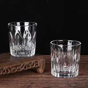 Vintage Embossed Whiskey Glass Set, Vertical Cut Crystal Old Fashioned Tumblers, Heavy Base Clear Glass Cups for Whiskey Cocktails