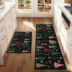 2pcs Christmas and New Year printed kitchen rug Christmas Elements Pack suitable for dec Floor Mat Set Farmhouse Kitchen Rug Dining Room Flooring Laundry Room Decor Carpet Mat Home Decor Rugs