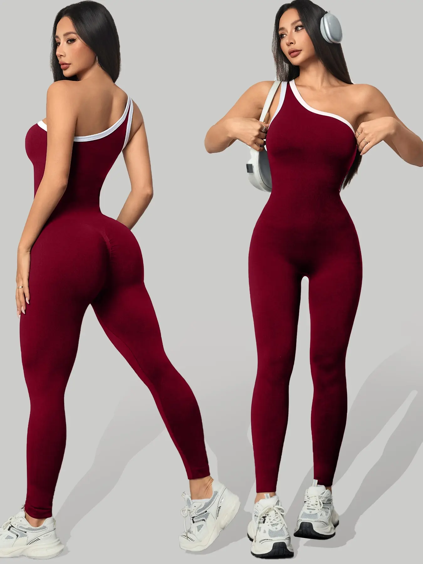 Seamless Knitted Women's Sporty Jumpsuit, Casual Tight-Fitting Sexy Peach Hip Shaping Yoga Jumpsuit, Comfortable and Stylish Workout Wear, Solid Color Sportswear, Stretchy Fit Jumpsuits
